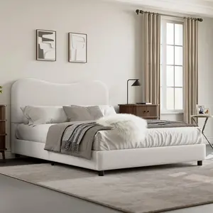 【GARVEE】Soft Upholstered Full Size Bed Frame for Kids – Low Profile Platform, Rounded Corners, Sturdy Noise-Free Wooden Slats, Boucle or Suede Fabric, No Box Spring, Easy Assembly, White/Blue/Beige