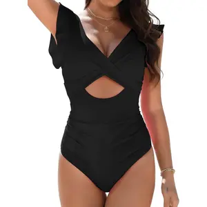 One-Piece Tankini Swimsuit, V-Neck Wrap, Ruffled Trim, Shaping And Tummy-Control For Women