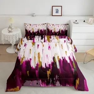 Geometric Striped Pattern Rose Pink, Golden and White Comforter Set - Abstract Art Designer, Lightweight Luxury Bedding Set with Modern Room Decor Appeal