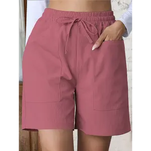 Women's Relaxed Fit Summer Shorts - Solid Color, Polyester with Spandex, Woven Fabric, 140g/m², with Pockets and Drawstring for Casual Wear