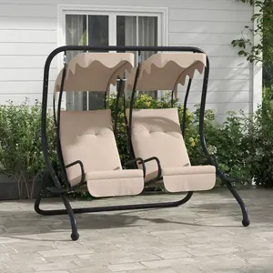 2-Seater Beige Outdoor Porch Swing with Adjustable Canopy, Spacious Patio Swing Chair with Cup Holders for Family Relaxation on Garden, Backyard Deck