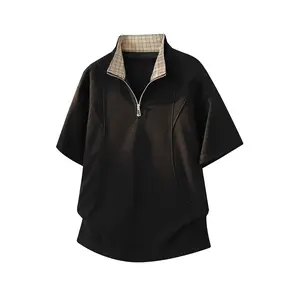 Men’s Summer Half-Zip Stand Collar Short-Sleeve Polo T‑Shirt — Deconstructed Loose Fit, Casual Sportswear, Trendy Color‑Blocked Plaid Design