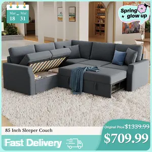【Ships in 2 Boxes】AMERLIFE 85 Inch Sleeper Couch, L Shaped Couch with Storage Seat, Sectional Couch with Pull Out Sofa Bed,  Modern Sofa for Living Room, Linen,Best Gift Ideas/Christmas Gifts
