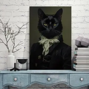 Gentleman Black Cat Canvas Frame Wall Art Halloween Decor Retro Gothic Painting for Bedroom Living Room Kitchen Hallway Artistic Gift High-Quality UV Resistant Ink
