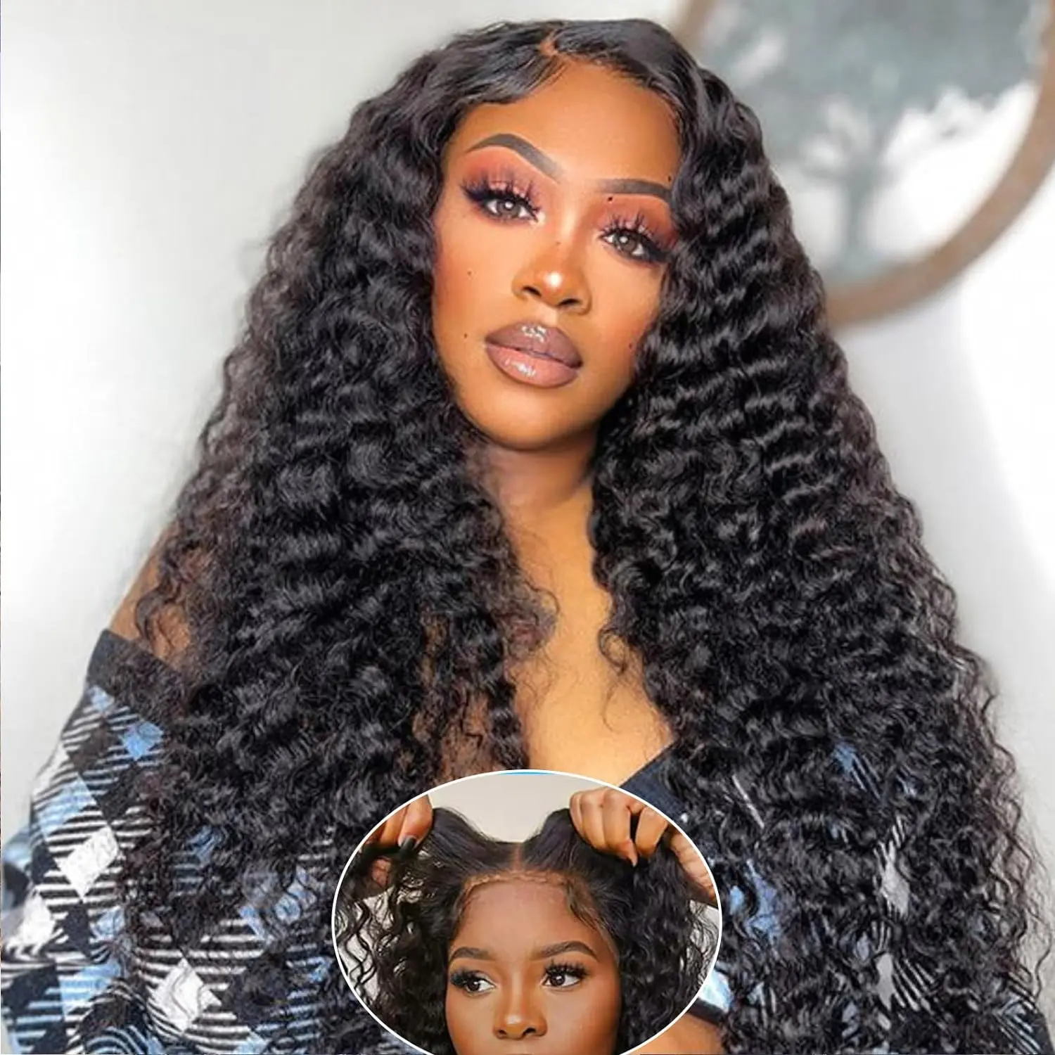 Bling Hair Glueless Wig Human Hair Pre Plucked Pre Cut Deep Wave 5x5 Lace Closure Wig Human Hair For Beginners For Black Women Curly Wig Natural Color