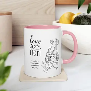 Love You Mom Mug – Pink Accent Coffee Cup, Sweet Mother Daughter Line Art Ceramic Mug, Sentimental Present for Mama, Mother’s Day Gift, Everyday Tea Cup