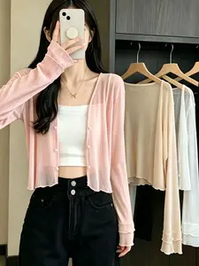 Summer French Style Women's Long Sleeve Sun Protection Chiffon Outerwear, Casual Solid Pattern Shawl, Beach Cover-Up, Air Conditioning Cardigan