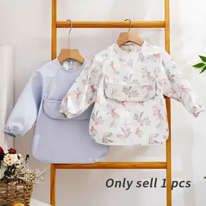 1Pcs Long Sleeve Design PU Baby Bib with Floral & Solid Color Options, Waterproof Protection Washable Toddler Bib with Pocket Feature for Baby Feeding, Protect