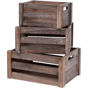 Set of 3 Large Vintage Rustic Brown Wooden Crates with Handles, Handmade Solid Wood Boxes for Storage Display, Decorative Wood Crates (Rustic Brown)