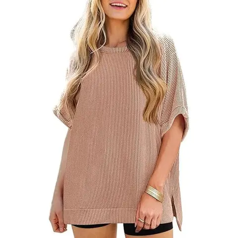 Tankaneo Womens Oversized T Shirts Summer Casual Ribbed Batwing Short Sleeve Tunic Tops Loose Fit Dolman Sleeve Tees
