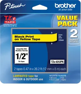 Brother Genuine P-Touch, TZe-6312Pk Tape ½” (12mm) 2-Pack Laminated P-Touch Tape, Black On Yellow Perfect for Indoor Or Outdoor Use, Water Resistant, 26.2 Ft. (8M)