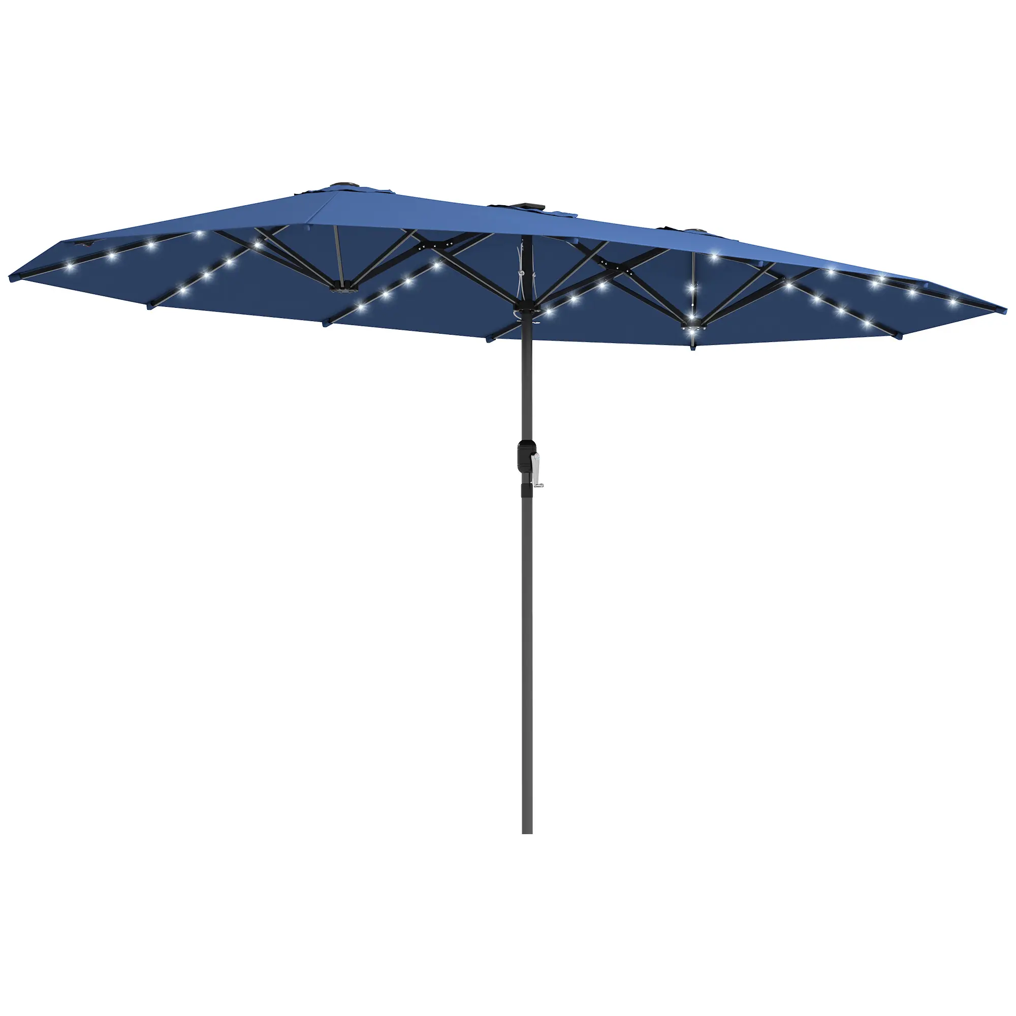 Outsunny 14.8ft Double Solar Parasol - Large Outdoor Patio Canopy Sun Shade with LED Solar Lights, Outdoor Shade Structure Sun Protection for Garden, Blue, Outdoor Parasols