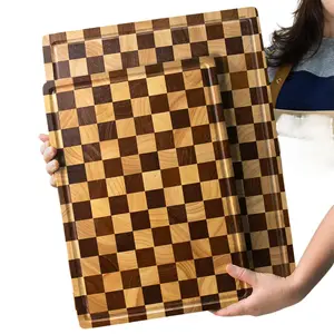 Extra Thick Charred Rubberwood Butcher Block - 19.7"x15" Checkered End Grain Cutting Board for Heavy Duty Chopping | Reversible Antimicrobial Kitchen Board | BBQ & Meat Processing | Housewarming/Wedding Gift Wooden Chopping Board