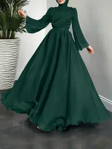 Women's Solid Color Round Neck Long Sleeve Ruched Zipper Flare Sleeves Waist Cinching Maxi Dress, Elegant Casual Fashion, Long Sleeve Dresses