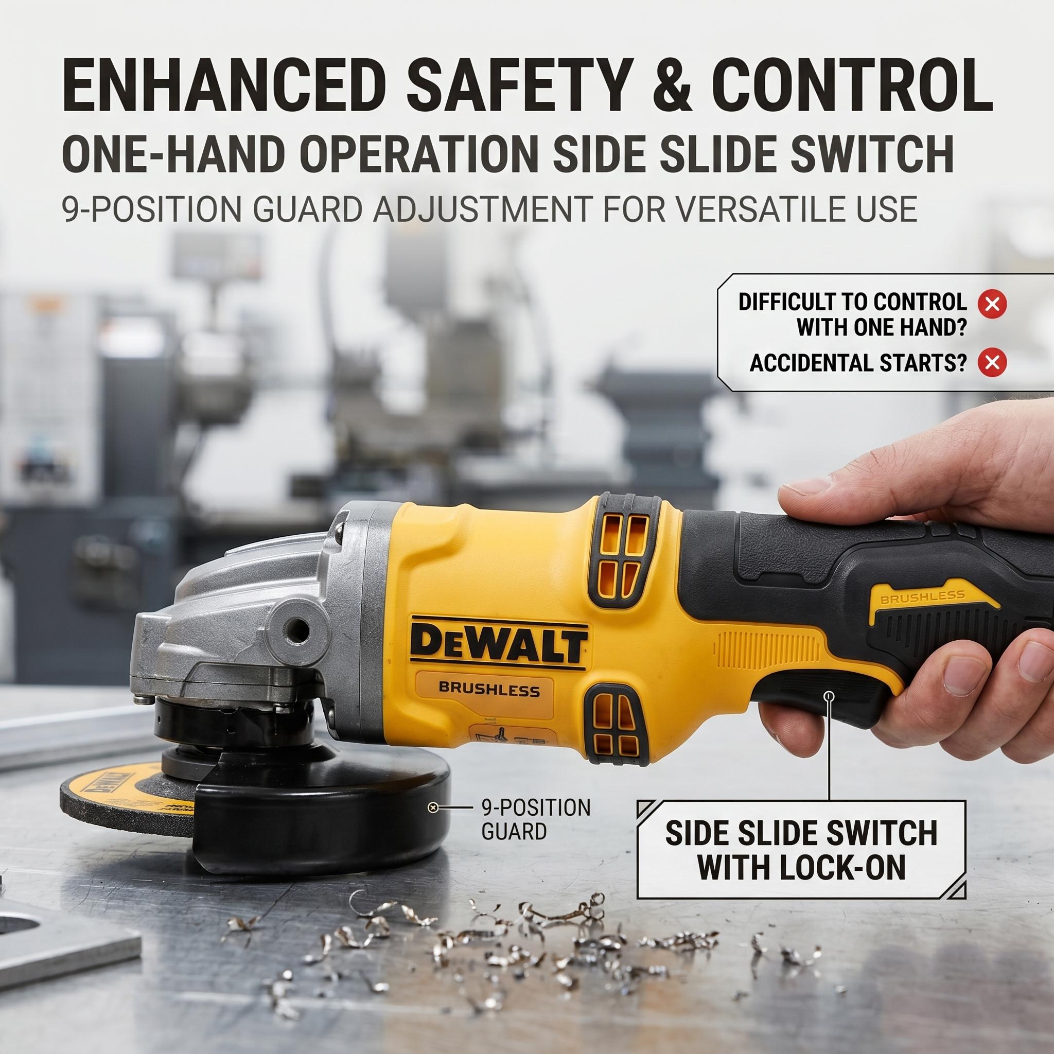 DeWalt DCG405-125 20V Brushless Angle Grinder 125mm Wheel 800W 9000 RPM for Weld Grinding & Pipe Beveling – 6mm Thick, M14 Spindle, Hex Fastening, Full Kit with Battery & Charger