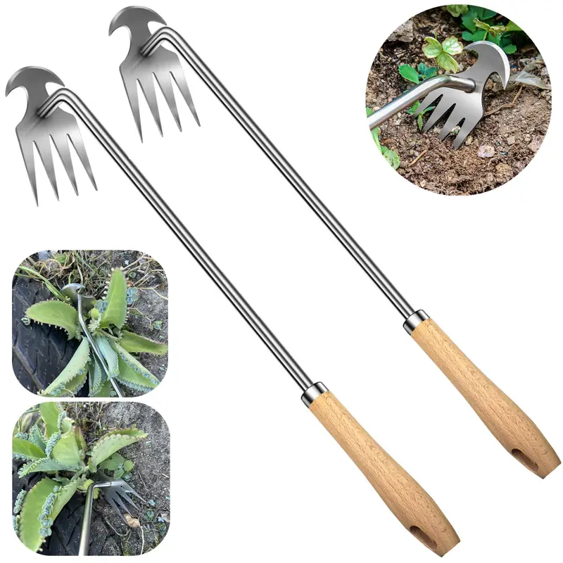 16 in Hand Weeder Tool (2-Pack) - 4-Teeth Stainless Steel Smooth Glide Tines, Ergonomic Wooden Handle Design, Rust-Resistant for Effortless Thistle & Crabgrass Removal on Farms for Gardeners