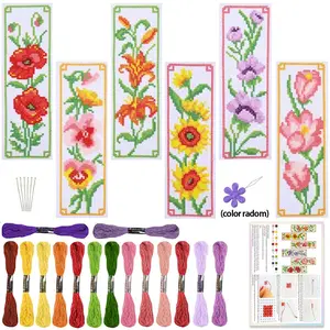 6-Piece Floral Cross Stitch Bookmark Set, Beginner DIY Craft Kit, Includes Pre-Printed Fabric, Thread, Tools, Instructions, Unique Home Decor Gift