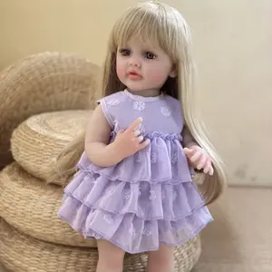 22-inch reborn doll, golden long hair, purple dress – handcrafted, lifelike princess doll, includes a complete set of accessories: bottle, birth certificate, pacifier – perfect gift