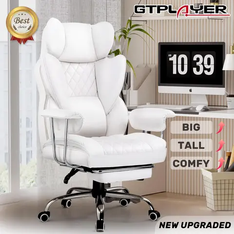 GTPLAYER Classic Ergonomic Big and Tall Sturdy Executive Desk Chair - Back Health Solutions, Adjustable Seat Height, Wide Seat, Pocket Spring Lumbar Support, Fixed Soft Outward Armrests, Footrest, Leather-Metal Build, Cushion Back (New Year Sale)