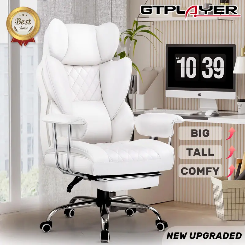 GTPLAYER Classic Ergonomic Big and Tall Sturdy Executive Desk Chair - Back Health Solutions, Adjustable Seat Height, Wide Seat, Pocket Spring Lumbar Support, Fixed Soft Outward Armrests, Footrest, Leather-Metal Build, Cushion Back (New Year Sale)