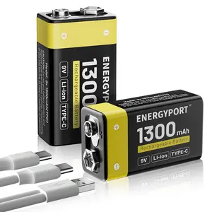 ENERGYPORT 2 Pack Rechargeable 9V Batteries, 1300mAh 9 Volt Lithium-ion Long Lasting Power, USB-C Recharge with 2 in 1 Charging Cable for Smoke Alarms,Multimeters,Microphones,Walkie-Talkie,Toys