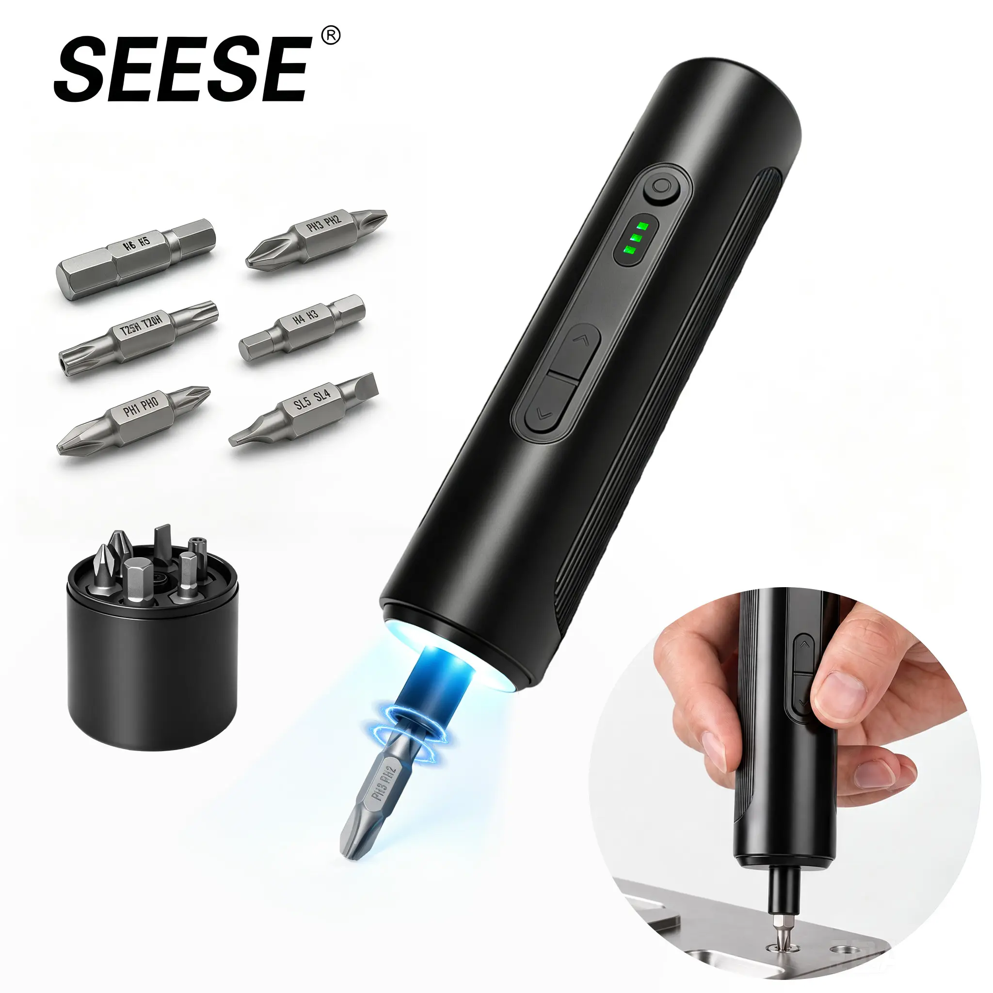 SEESE 6-in-1 Electric Screwdriver with 250 RPM Motor, 3 Torque Settings, 1.2 to 5 N·m, 6-Piece Set Bits , LED Light , 1500 mAh Rechargeable Cordless Screwdriver Set for Furniture, Household Multipurpose Tool Repair