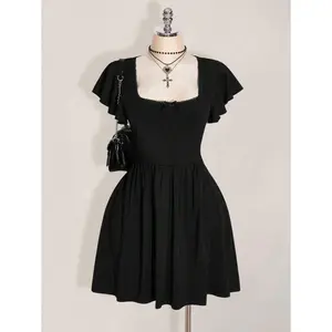 Black A-Line Mini Dress With Flounce Sleeves And Ruffle Hem For Fall Black Dress Fall,Wedding Guest Dress Women Fabric Fit