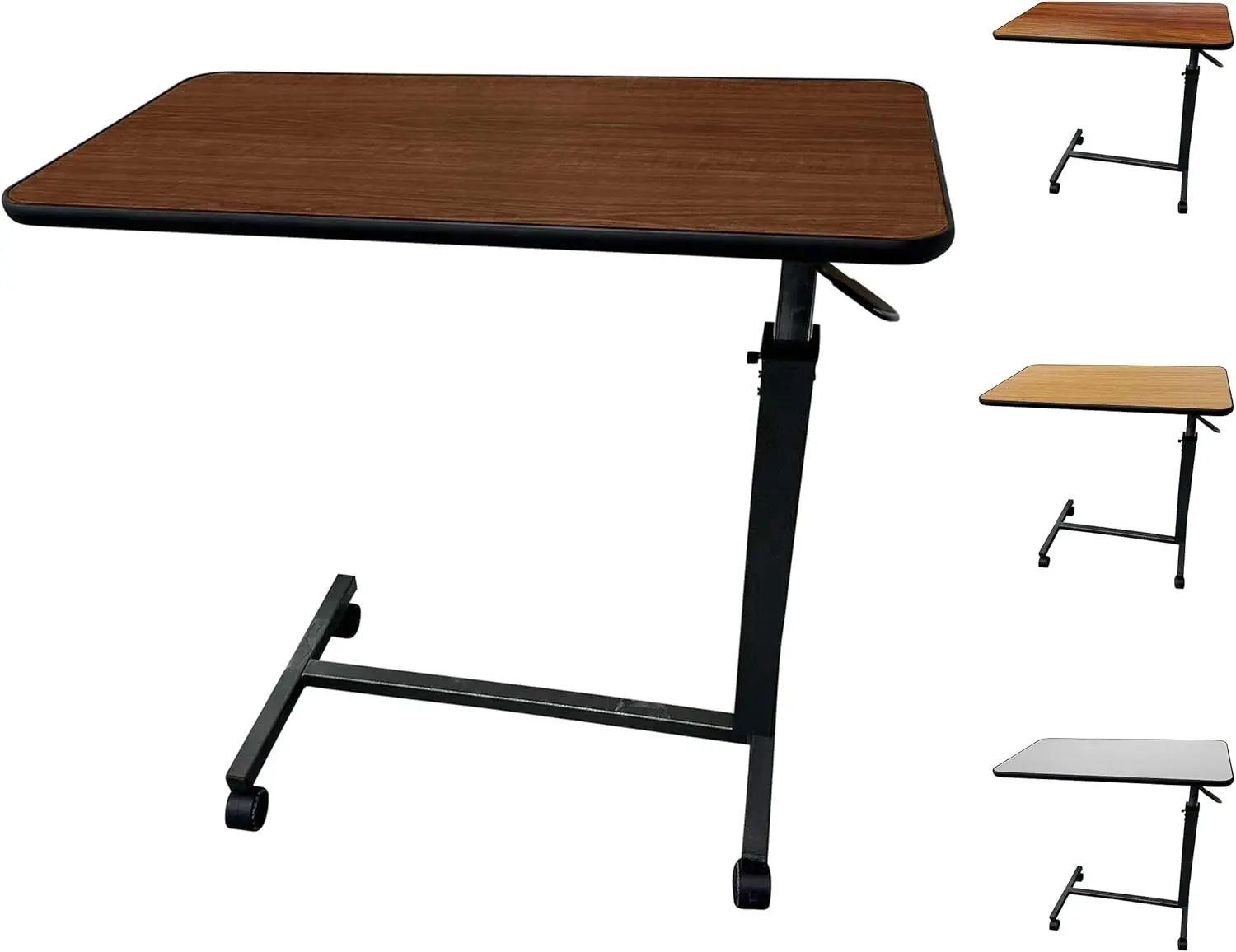 Medical Overbed Table with Wheels and Adjustable Height - Mahogany Color Rolling Over Bed Bedside Table for Hospital and Home Use