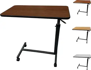 Medical Overbed Table with Wheels and Adjustable Height - Mahogany Color Rolling Over Bed Bedside Table for Hospital and Home Use