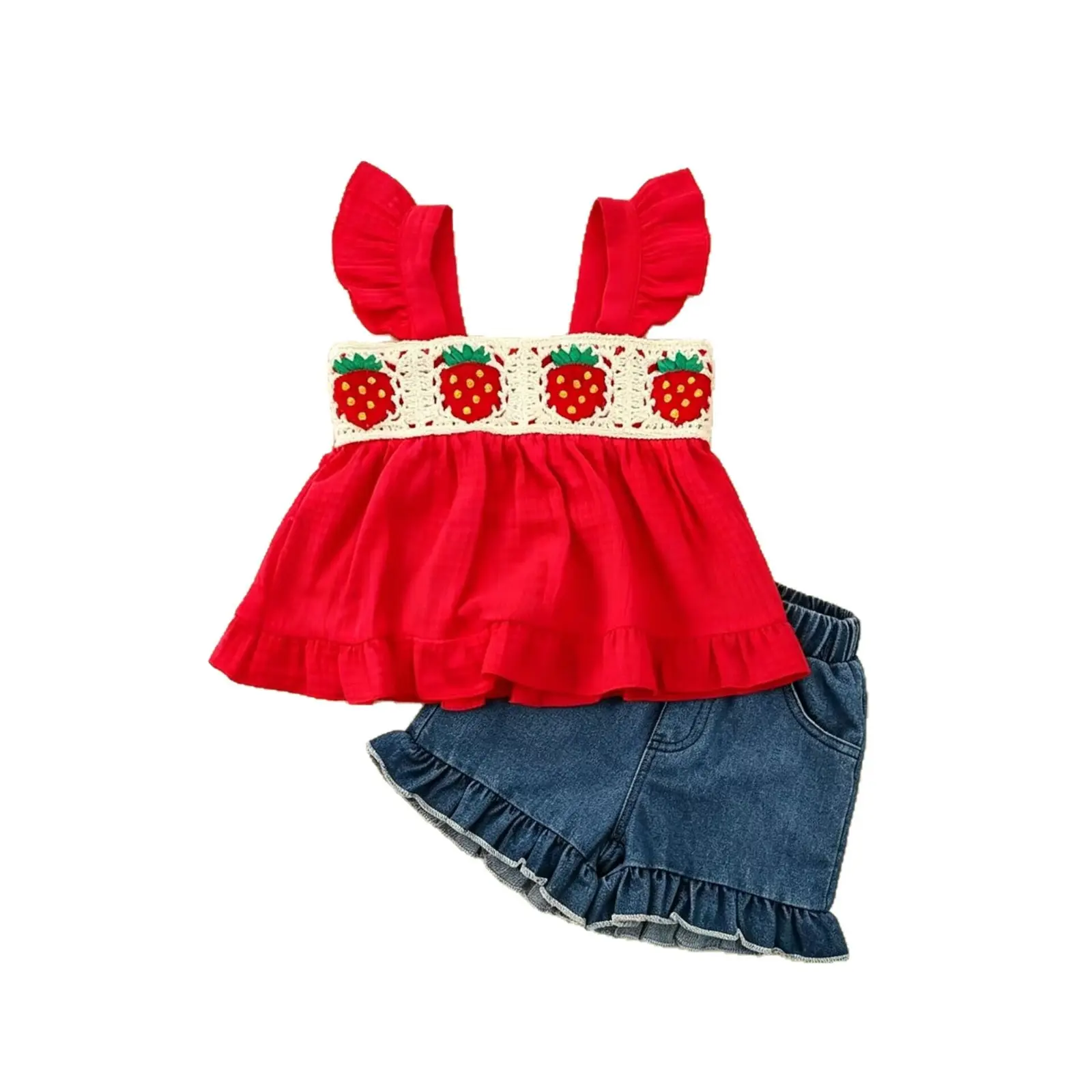 Toddler Girl Cotton 2-Piece Shorts Set - Cute Floral Strawberry Print Cami Top, Elastic Waist Denim Shorts, Casual Summer Birthday Outfit for 1-4Y Baby Photoshoots