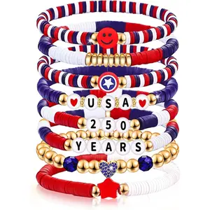 Independence Day Beaded Letter Bracelet Set, Elastic Star and Flag Design, July 4th Patriotic Jewelry, Stackable Clay Beads, Gift for Men and Women, Fashionable Chunky Bangles