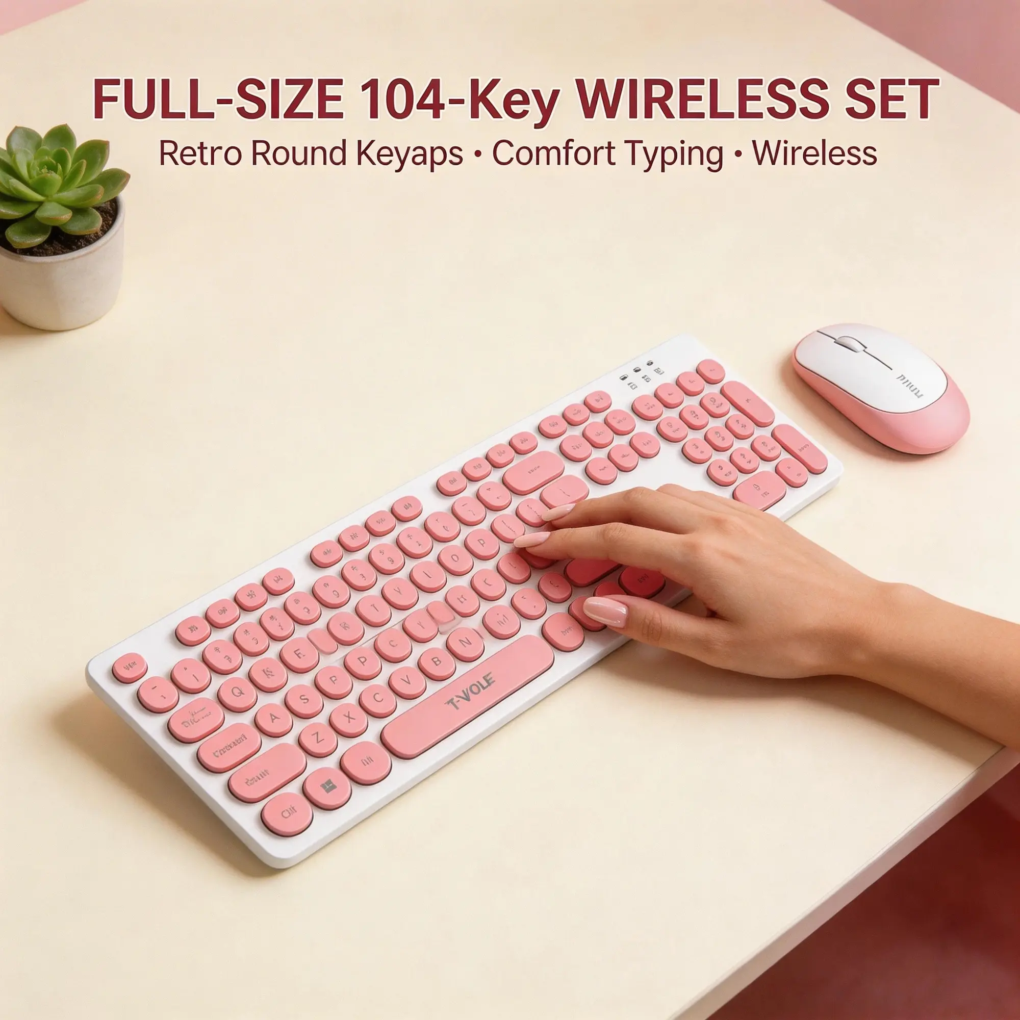 TF770 Cute Wireless Keyboard and Mouse Combo with Cleaning Brush, 104-Key Retro Round Keycap Keyboard, Silent Mouse, Aesthetic Desk Setup for Women, Students & Office - Pink