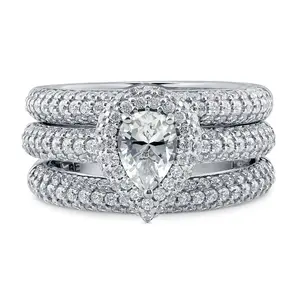 BERRICLE Sterling Silver Halo Engagement Rings Statement Stackable Band for Women, Pear Cut Cubic Zirconia CZ Ring Set