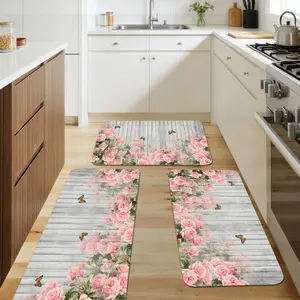 1/2/3pc Pink Flower on the Wooden Print Flannel Kitchen Mat Bedroom Entrance Door Mat Home Hallway Floor Decor Living Room Rug Bathroom Mat Aesthetic Room Decor