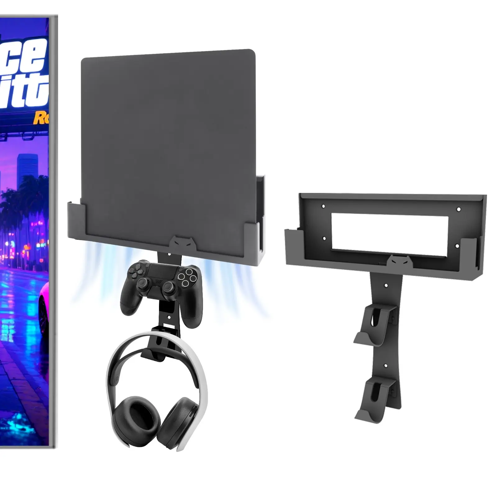 GETYEA Wall Mount for PS4 Slim with 2 Detachable Controller Holder and 1 Headphone Stand, PS4 Accessories, Gaming Accessories, Console Accessories, Gaming Console Accessory, Compatible with PlayStation 4 Slim(Mounts PS4 Slim by TV)