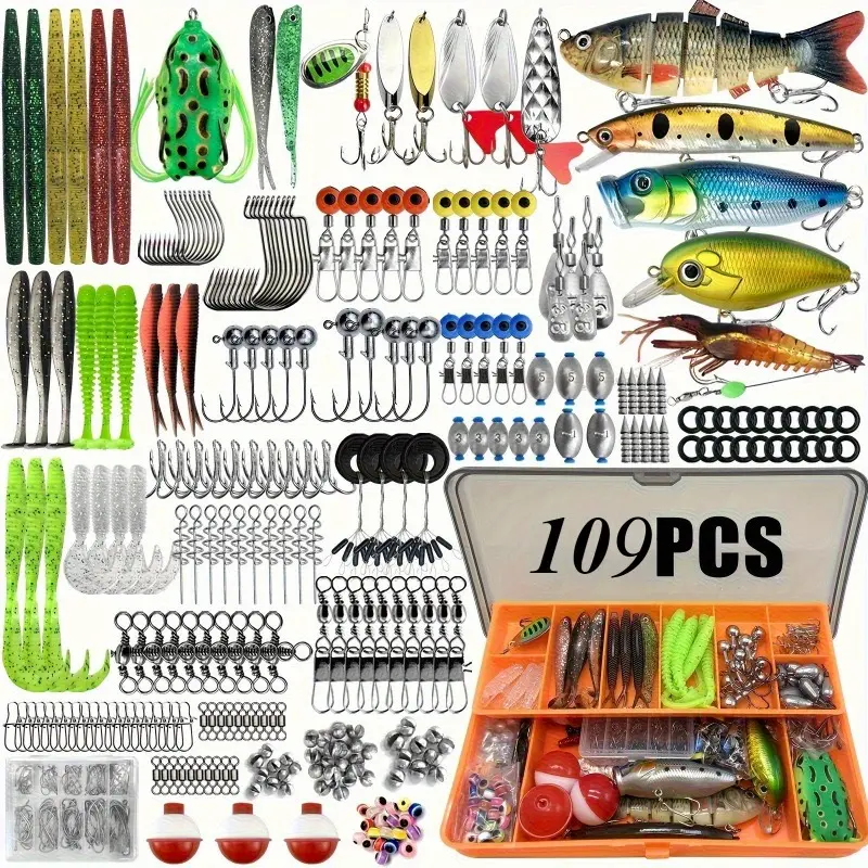 Popular - Professional Bass Fishing Lure Set | 109pcs Set Including Treble Hooks, Soft Baits, Plastic Worms, Weights, and Hooks (for Saltwater)