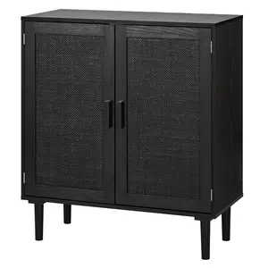 VEVOR Rattan Cabinet, Rattan Storage Cabinet with 2 Magnetic Doors and Adjustable Shelves, Accent Sideboard Buffet with Wooden Legs & Power Cord Hole for Hallway, Entryway, Living Room, Kitchen, Black