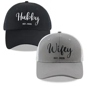2PCS Hubby Wifey 2026 Trucker Hats For Men Women, Adjustable Cotton Embroidered Mesh Snapback Wifey Hubby Baseball Cap