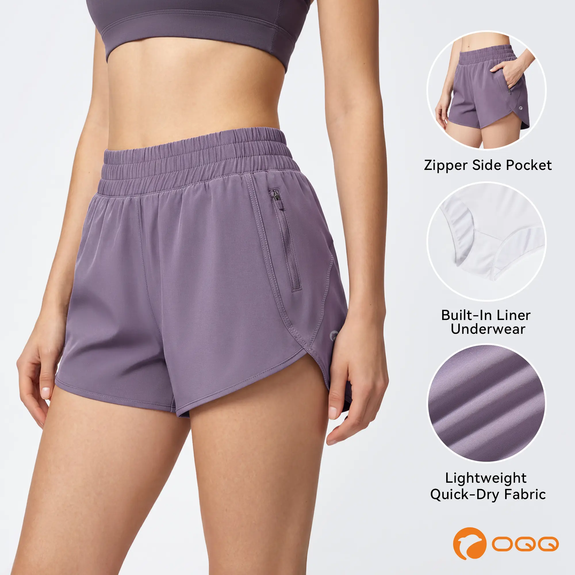 OQQ Women's High Waisted Workout Shorts, Lightweight Comfy Stretchy Running Shorts with Liner & Zipper Pocket for Gym Yoga, Comfy Stretchy Shorts, Elastic Waistband Shorts