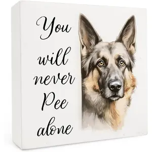 Funny German Shepherd Bathroom Wood Box Sign 5x5 Inch, Dog Bathroom Decor, Home Decor, German Shepherd Dog Lover Gifts Wood Box Signs for Bath Room Washroom Toilet Restroom Shelf Counter Decor