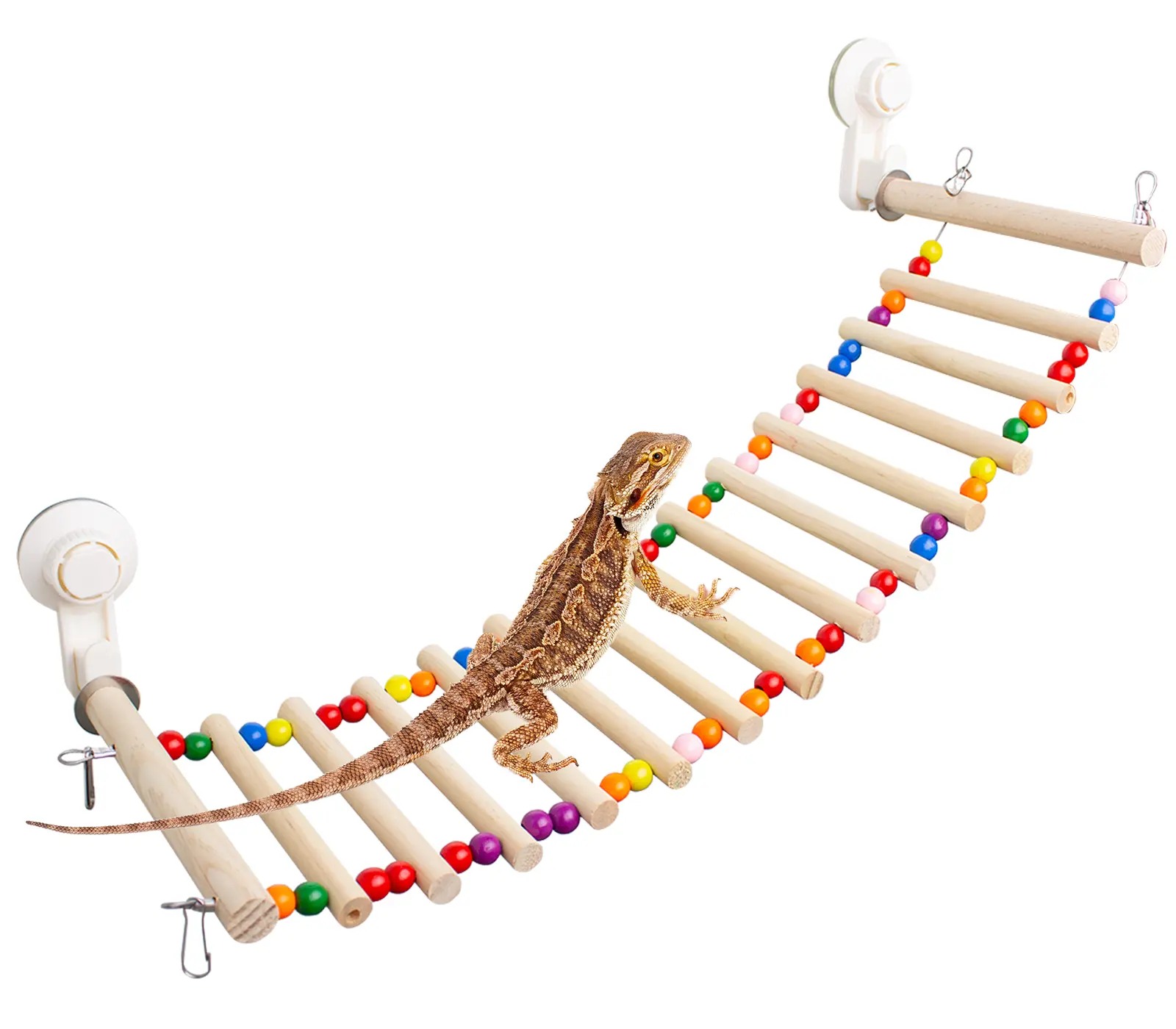OOXYG Wooden Lizard Climbing Bridge Ladder - 21.6x7.1in Natural Wood Sticks Perch with 2 Strong Suction Cups for Stable Window Hold, Pet Tank Accessory for Bearded Dragons, Snakes with Colorful Beads, Exercise