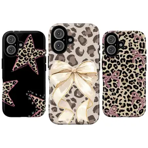 Y2K Aesthetic Bow Leopard Print Phone Case Set for Women | Cute Cheetah Stars Design | Trendy Bling Girlie Cover for iPhone 17 Pro Max 16 Plus 15 14 13 12 11 Air & Samsung Galaxy S25 S24 S23 S22 S21 Ultra | Gift for her