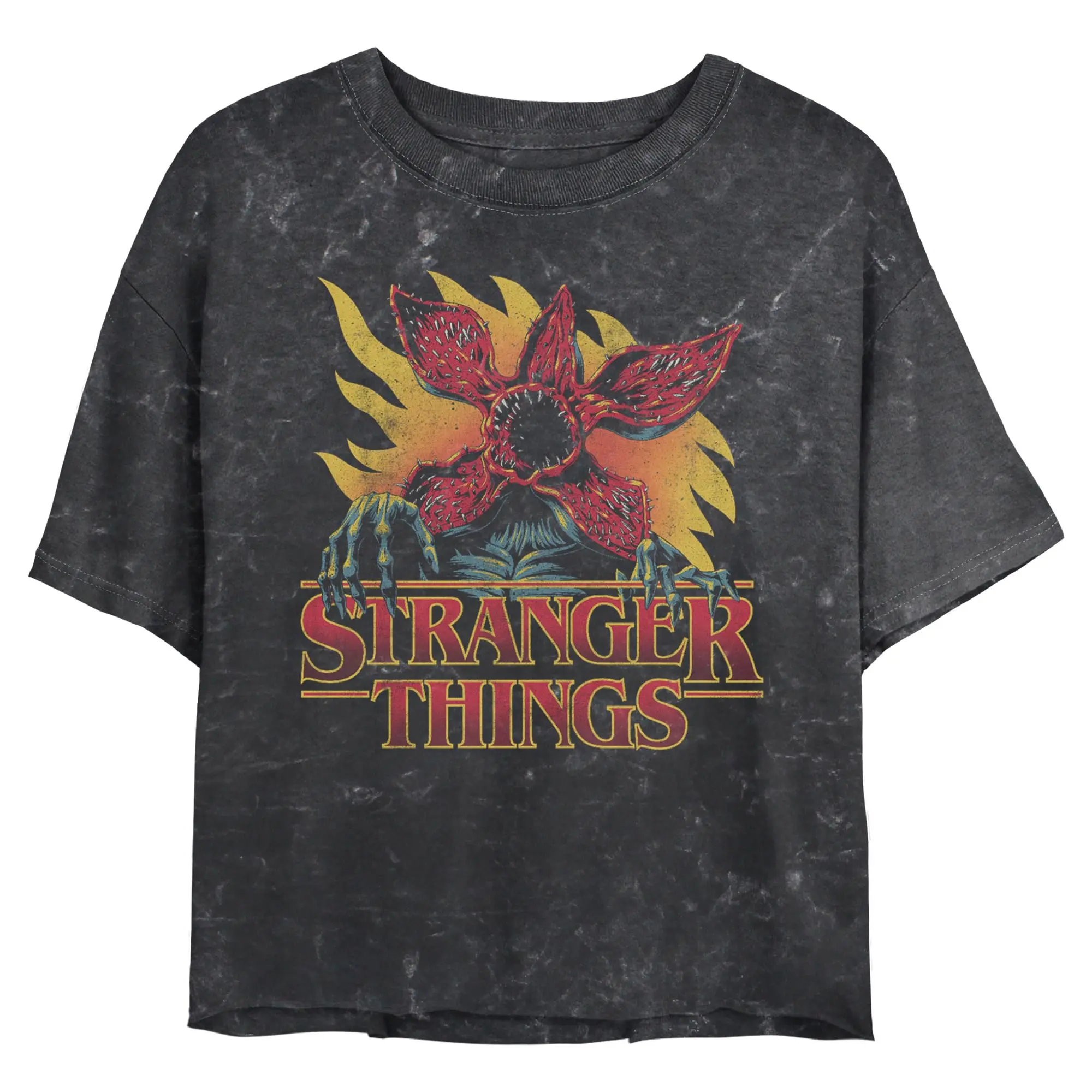 Juniors Womens Stranger Things Demogorgon Flame Night Art Cropped T-Shirt