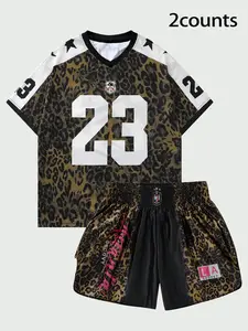 Two-Piece Set Men's Leopard Print Short Sleeve Tee & Letter Print Shorts Set, Regular Fit Casual Round Neck T-shirt & Track Shorts, Summer Clothes Set for Men