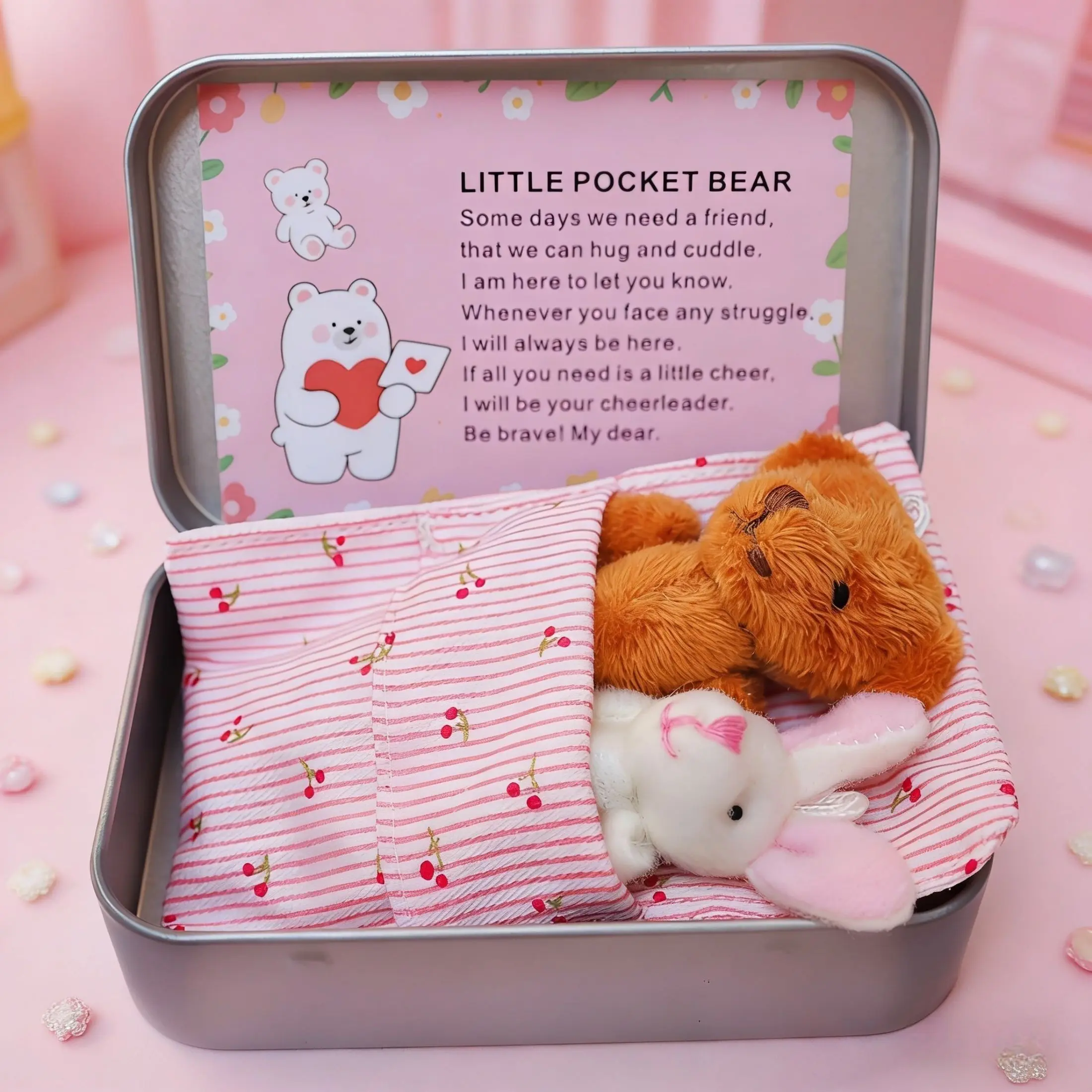 Pocket Bear Hug Soft Huggable Stuffed Animal Gift - Tiny Bear & Bunny Plush with Cherry Blanket, Inspirational Card, Perfect Cheer Up Gift, Sensory Cuddle Box