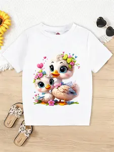 Girls' Flower Duck Print T-Shirt, Cute Cartoon Design, Comfortable Soft Fabric, Casual Wear, Trendy Healing Style, Cute Cartoon Clothes