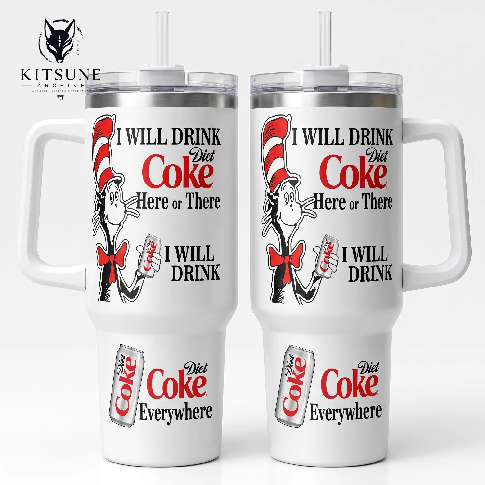 [Kitsune Archive] I Will Drink Diet Coke Here Or There Everywhere Tumbler with Handle 40oz, Cute Cat in the Hat Book Quote Insulated Travel Mug, Stainless Steel Water Bottle Straw Cup Large Aesthetic Soda Lover, Merchandise Custom Gag Gifts For Her Him