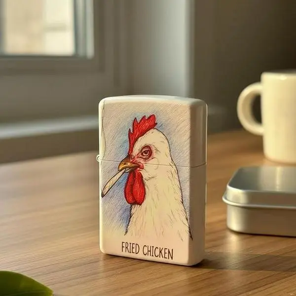 White Metal Flip-Top Lighter with Fried Chicken Artwork - Refillable Pocket Lighter, Men's Accessories, Everyday Carry Item, Cool Gift for Men (Fuel Not Included)