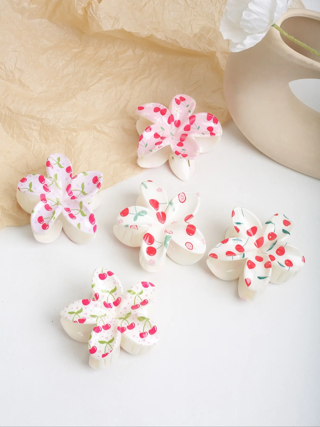 5pcs Summer Sweet Cherry Print Hair Claw Clips, Cute Creative Fresh Design, Suitable for Daily Outing & Beach Vacation