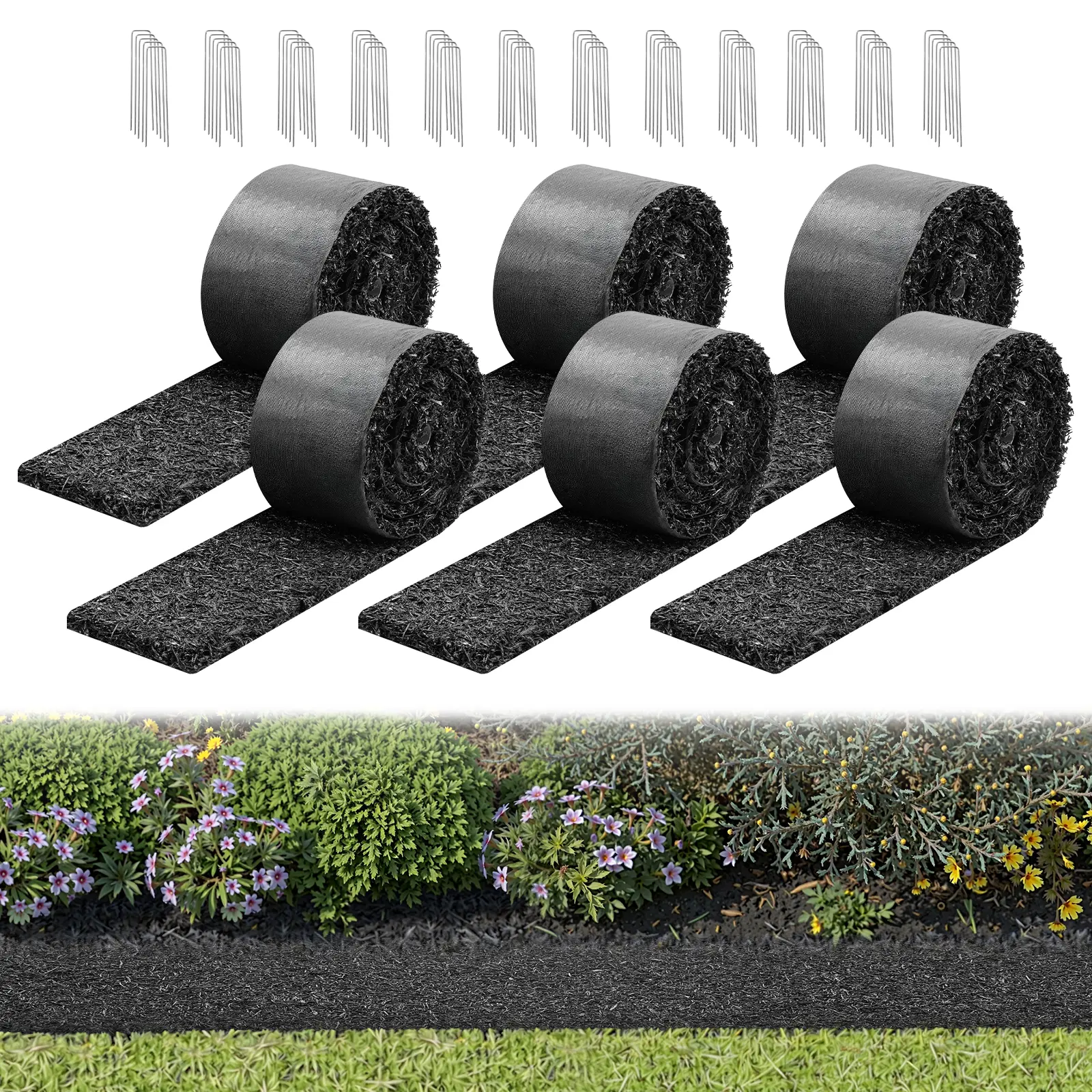 【SummerFinds】VEVOR Rubber Mulch Mat Roll (6 Rolls, 120x4.5 in, 0.5 in Thick) - Outdoor Weatherproof Recycled Rubber Permanent Edging Border, Natural-Looking Flower Barrier with Stakes, Cuttable Garden Edgings for Landscaping, Weed Blocker, Root Barrier, 6